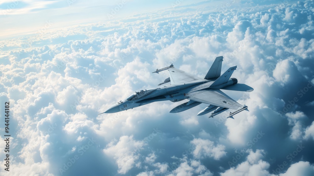 Fototapeta premium Fighter jet soaring above clouds, intense aerial combat, 3D illustration