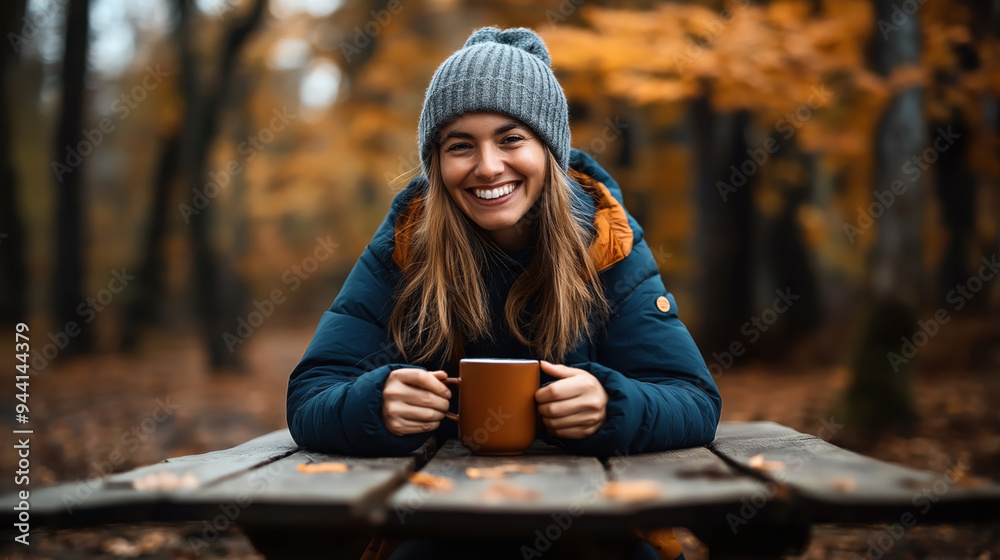 A woman in a blue jacket and gray knit hat holding a mug, sitting at an outdoor wooden table in an autumn forest setting with leaves on the ground. A woman in a blue jacket and gray knit hat holding a mug, sitting at an outdoor wooden table in an autumn forest setting with leaves on the ground.