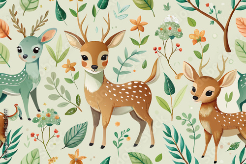 Watercolor Woodland animals seamless pattern. Fabric wallpaper forest with baby deer trees. bird baby animal Nursery backgrouns
