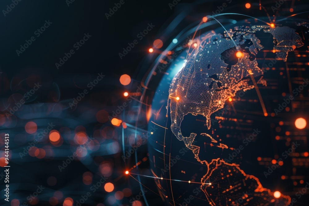 A glowing globe with a network of lines and dots surrounding it, generative ai image