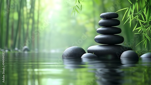 Zen Stones Balanced on Water Surface in Bamboo Forest