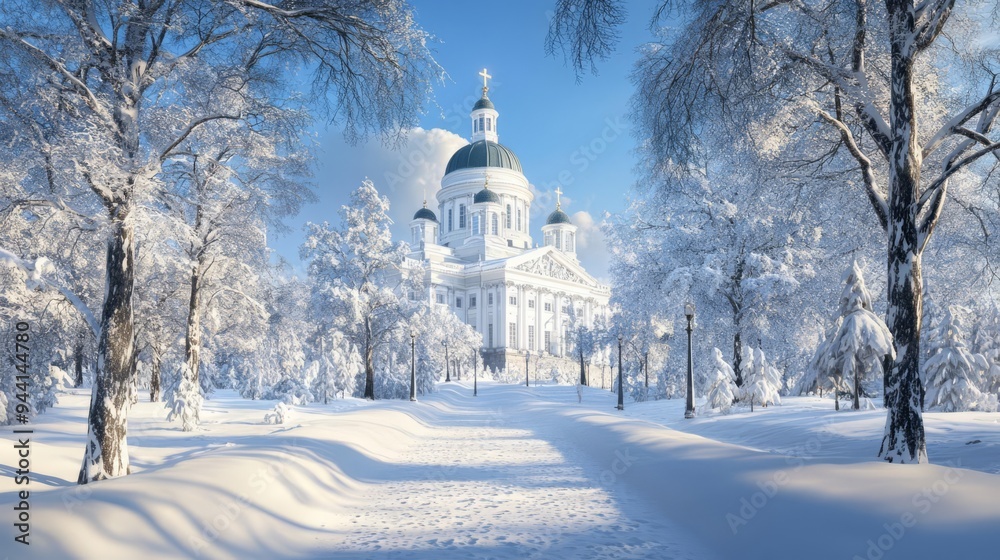 Helsinki s Cathedral with snowcovered streets, winter wonderland, 3D illustration Helsinki s Cathedral with snowcovered streets, winter wonderland, 3D illustration