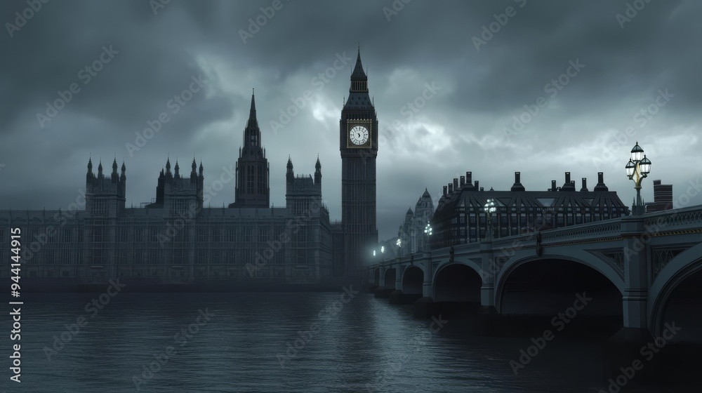 Fototapeta premium London s Big Ben and the Houses of Parliament, overcast sky, 3D illustration
