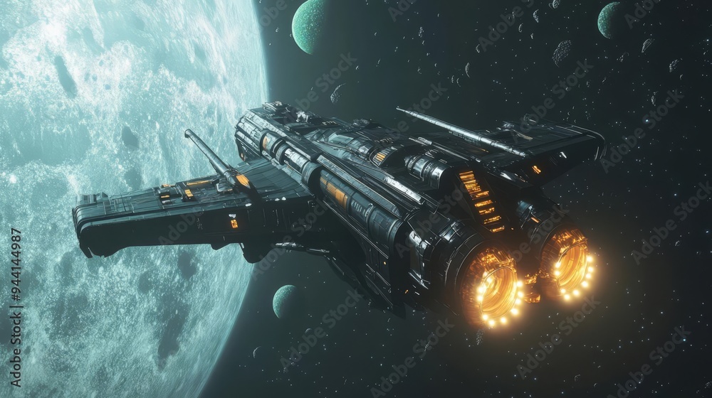 Iconic spaceship soaring through space, distant planets in view, 3D illustration Iconic spaceship soaring through space, distant planets in view, 3D illustration