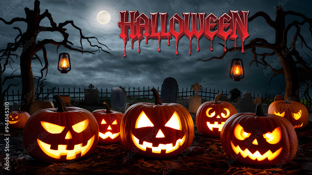 A spooky Halloween night scene with glowing jack-o'-lanterns in a graveyard with a full moon and dark, eerie trees in the background.