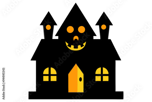 A cartoonish black haunted house with yellow windows and a smiling pumpkin face, featuring two spires and a bright orange door