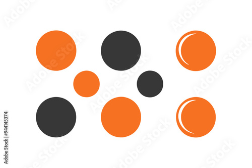 Graphic of various sized circles in black and orange, arranged playfully on a white background, creating a modern, minimalist design