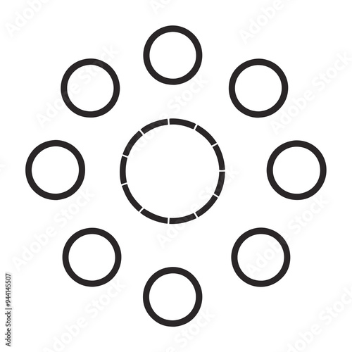 A circular arrangement of eight black rings surrounding a central broken circle, suggesting a pattern or design layout