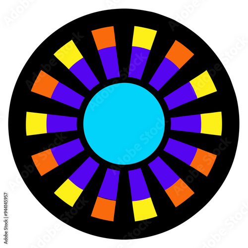 Colorful geometric design featuring a central turquoise circle surrounded by alternating purple, yellow, orange, and black fan shapes