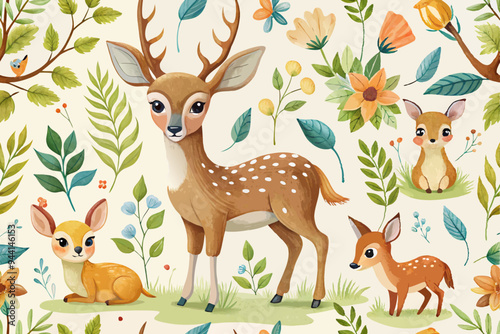 Watercolor Woodland animals seamless pattern. Fabric wallpaper forest with baby deer trees. bird baby animal Nursery backgrouns
