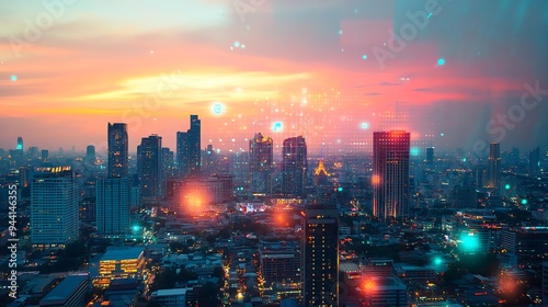 Wallpaper Mural Sunset Skyline with Digital Overlay Torontodigital.ca