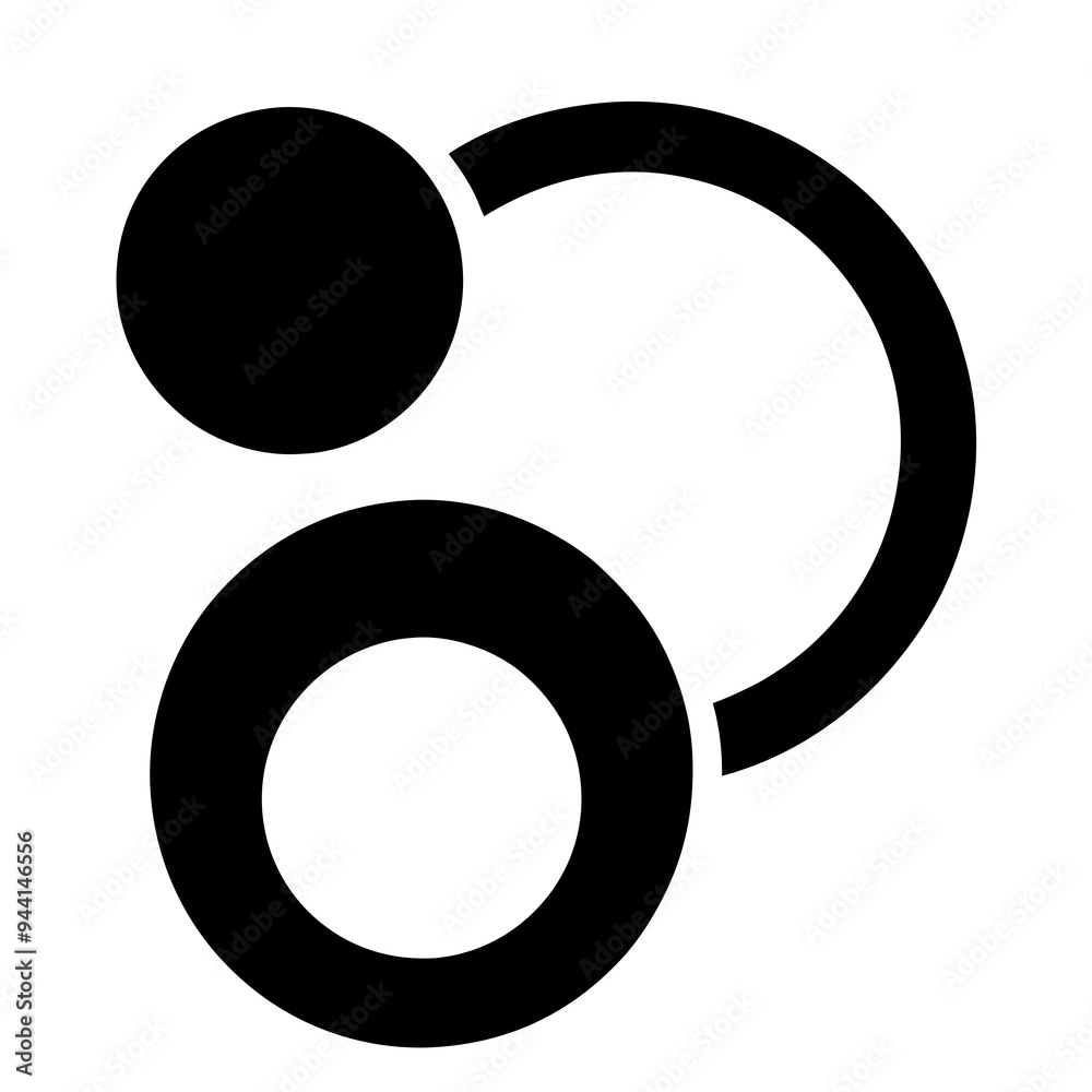 a black and white abstract symbol. It consists of two circles and a curved line. The larger circle is at the bottom, and the smaller circle is at the top left a black and white abstract symbol. It consists of two circles and a curved line. The larger circle is at the bottom, and the smaller circle is at the top left