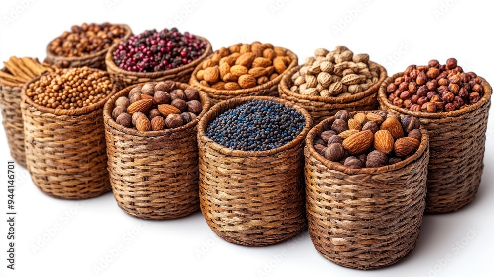 Assortment of Nuts and Seeds in Wicker Baskets Assortment of Nuts and Seeds in Wicker Baskets