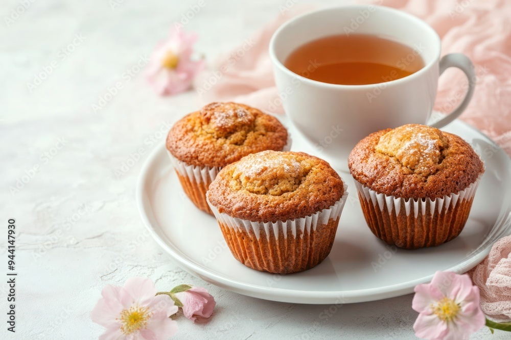 Close-up of three delicious banana muffins on a white plate with a cup of tea, pink flowers on a light background-gigapixel-hq-scale-6_00x Close-up of three delicious banana muffins on a white plate with a cup of tea, pink flowers on a light background-gigapixel-hq-scale-6_00x