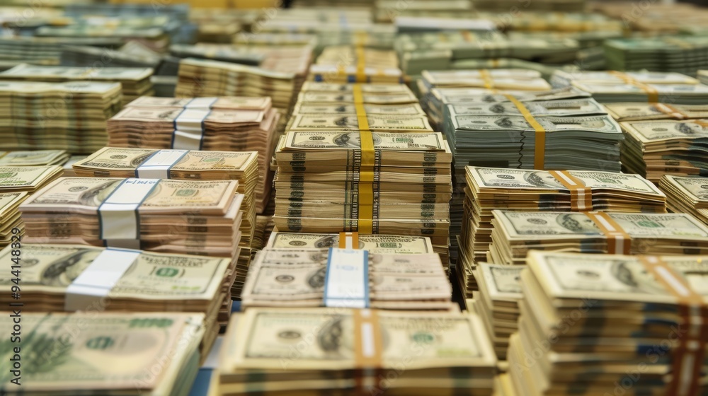 Bundles of US currency in organized rows Bundles of US currency in organized rows