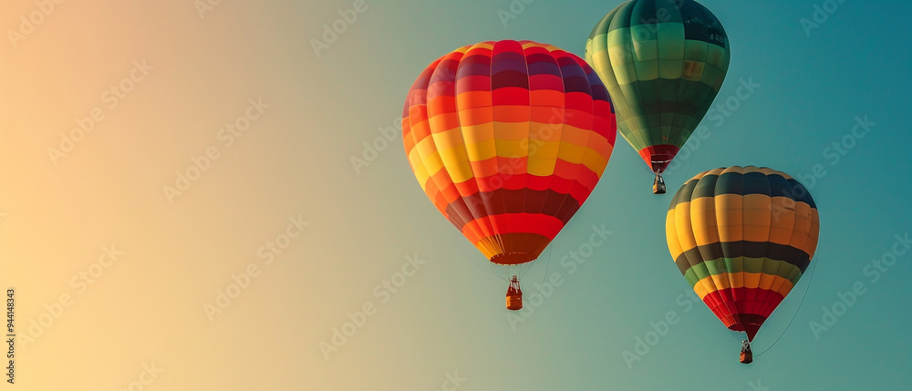 Obraz premium three colorful hot air balloons in the sky at sunset