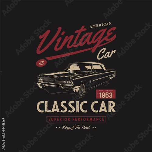 American Vintage Classic Cars Vector T-shirt Design Graphics. Old custom car t shirt with graphics illustration & prints black template, poster, background.