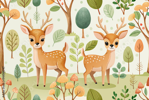 Watercolor Woodland animals seamless pattern. Fabric wallpaper forest with baby deer trees. bird baby animal Nursery backgrouns

