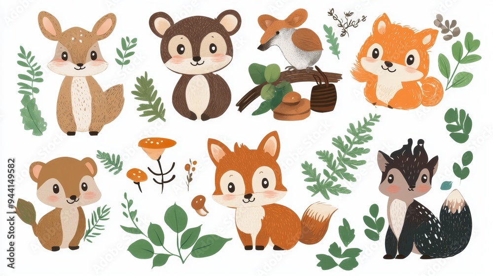 Fototapeta premium Cute Forest Animals Illustration Set