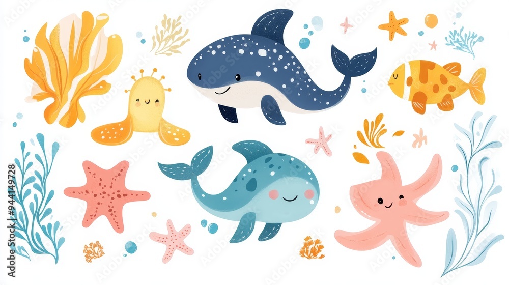 Fototapeta premium Adorable Sea Creatures Clipart Set