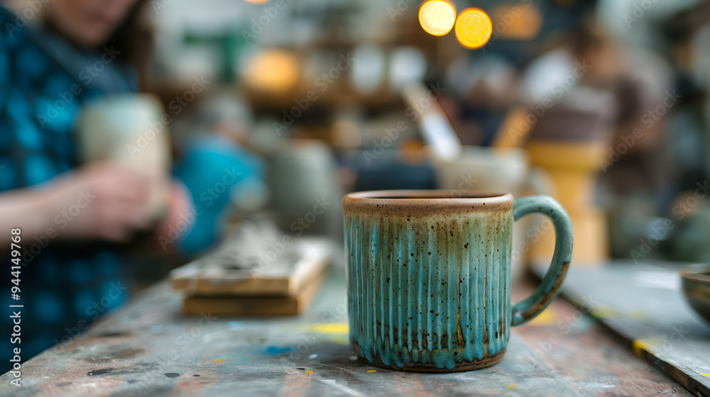 A beautifully glazed ceramic mug sits on a worktable in a pottery workshop. Participants are engaged in crafting, surrounded by a warm, artistic atmosphere A beautifully glazed ceramic mug sits on a worktable in a pottery workshop. Participants are engaged in crafting, surrounded by a warm, artistic atmosphere