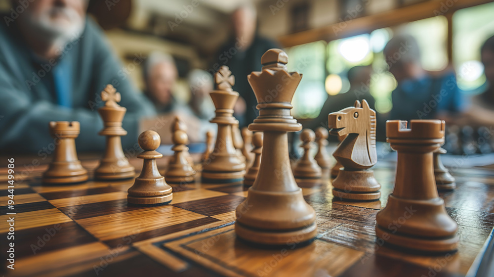A group of individuals plays chess, deeply focused on their strategy, surrounded by a warm atmosphere and natural light filtering in A group of individuals plays chess, deeply focused on their strategy, surrounded by a warm atmosphere and natural light filtering in