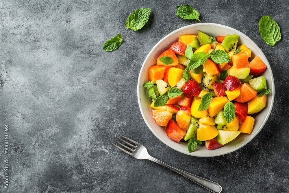 Colorful, fresh fruit salad with mint leaves in a bowl on a dark gray background-gigapixel-hq-scale-6_00x Colorful, fresh fruit salad with mint leaves in a bowl on a dark gray background-gigapixel-hq-scale-6_00x