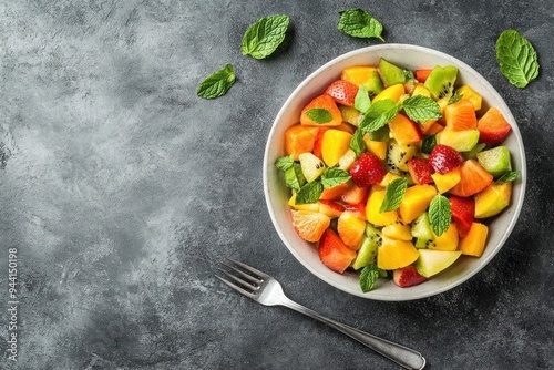 Colorful, fresh fruit salad with mint leaves in a bowl on a dark gray background-gigapixel-hq-scale-6_00x