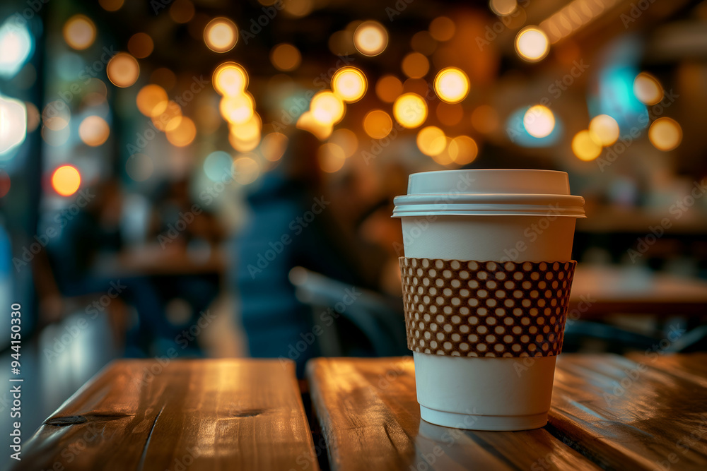 A warm coffee cup rests on a wooden table, with blurred figures in the background engaging in conversation and enjoying a lively afternoon at the café A warm coffee cup rests on a wooden table, with blurred figures in the background engaging in conversation and enjoying a lively afternoon at the café