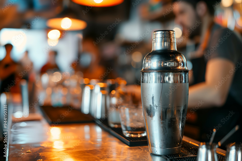 The cocktail shaker stands prominently on the polished bar counter, while a bartender mixes drinks in a vibrant, bustling environment