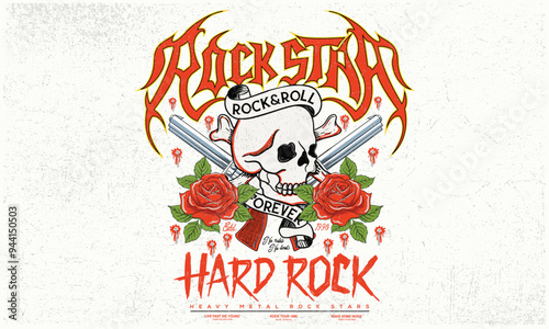 Skull with rose flower artwork. Rock and roll vector graphic print design for apparel, posters, background and others. Wild spirit. World music tour poster. Hard rock logo design. Gun with rose art.