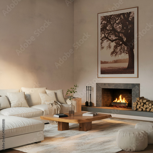 Scandinavian style home interior design of modern living room. Fireplace against white sofa and rustic wooden coffee table. 