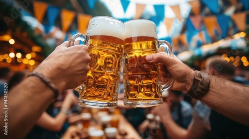 A lively scene of Oktoberfest celebrations in a crowded beer garden with patrons dressed in lederhosen and dirndls clinking their beer steins together in a joyful toast the tables are adorned with photo