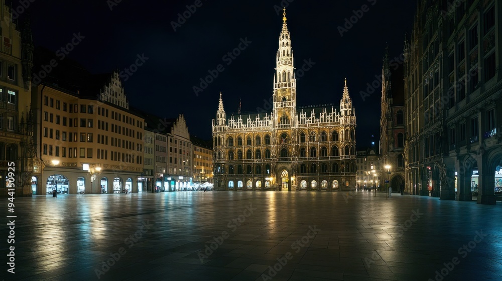 A night view of Munichs Marienplatz featuring the illuminated New Town Hall and surrounding historic buildings against the dark sky the square is quiet and serene capturing the tranquil side of A night view of Munichs Marienplatz featuring the illuminated New Town Hall and surrounding historic buildings against the dark sky the square is quiet and serene capturing the tranquil side of