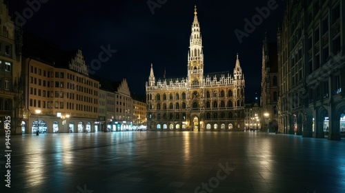 A night view of Munichs Marienplatz featuring the illuminated New Town Hall and surrounding historic buildings against the dark sky the square is quiet and serene capturing the tranquil side of photo