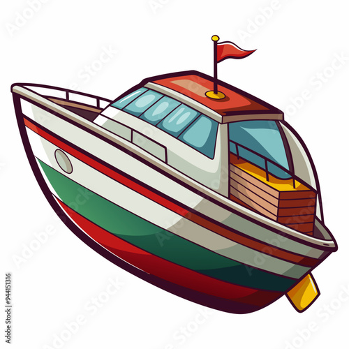 Cartoon Illustration of a Red, Green, and White Boat
