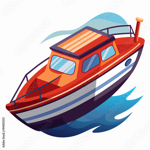 Red and white motorboat with striped roof moving on blue water