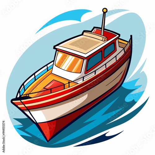 Cartoon Illustration of a Red and White Boat on the Water
