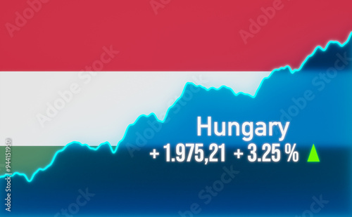 Hungaria stock market up. Rising chart with Hungarian flag. Bull market, growth, stock market rally, positive trend, strong business, investment, trading, success. photo