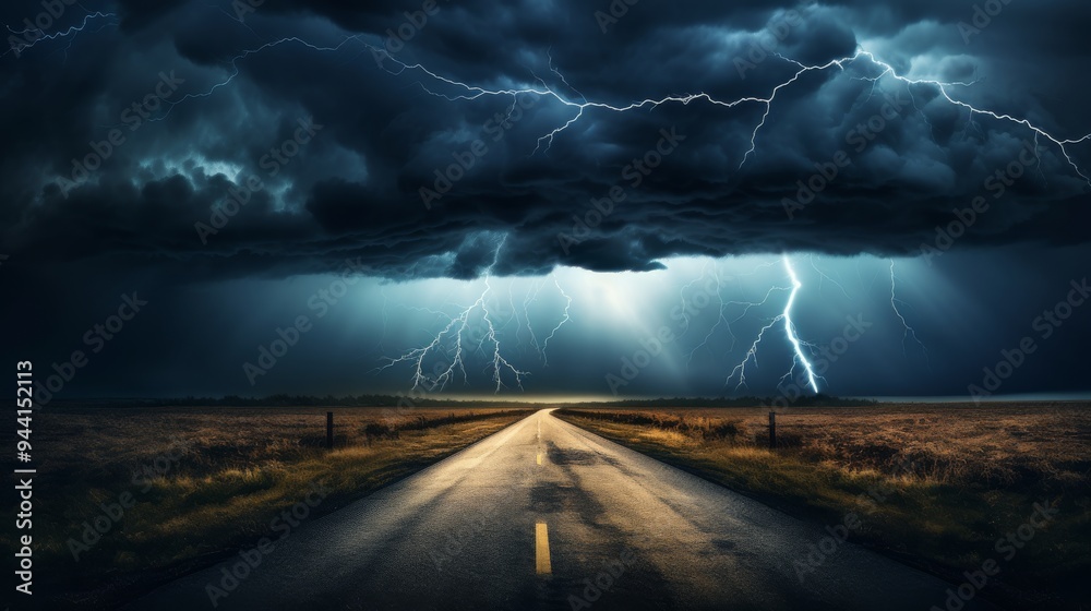 Dark stormy road with lightning striking the horizon Dark stormy road with lightning striking the horizon