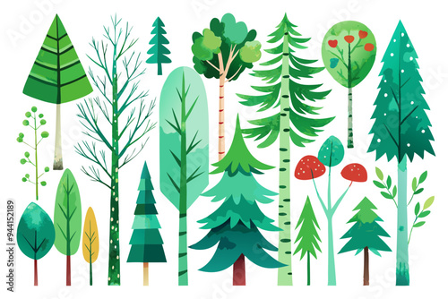Scandinavian Watercolor natural set of green trees, birch and pine, mountain ash, forest. Winter vintage collection isolated on white background. Woodland design elements
