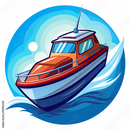 Red and white motorboat moving on blue water