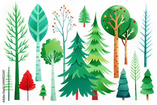 Scandinavian Watercolor natural set of green trees, birch and pine, mountain ash, forest. Winter vintage collection isolated on white background. Woodland design elements
