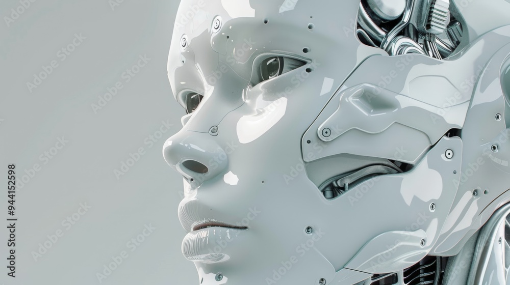 Detailed close-up of AI parts forming a facial structure, with a crisp, clean backdrop, showcasing advanced technology Detailed close-up of AI parts forming a facial structure, with a crisp, clean backdrop, showcasing advanced technology