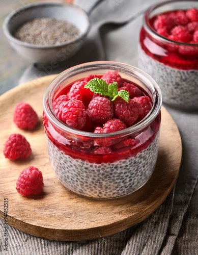 Delicious chia pudding with raspberries and mint 