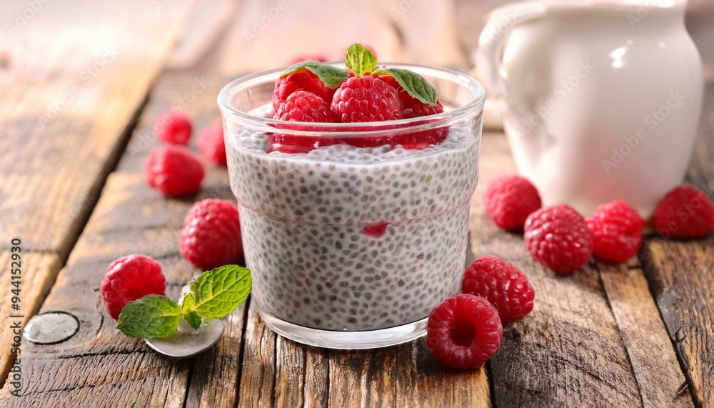 Delicious chia pudding with raspberries and mint Delicious chia pudding with raspberries and mint
