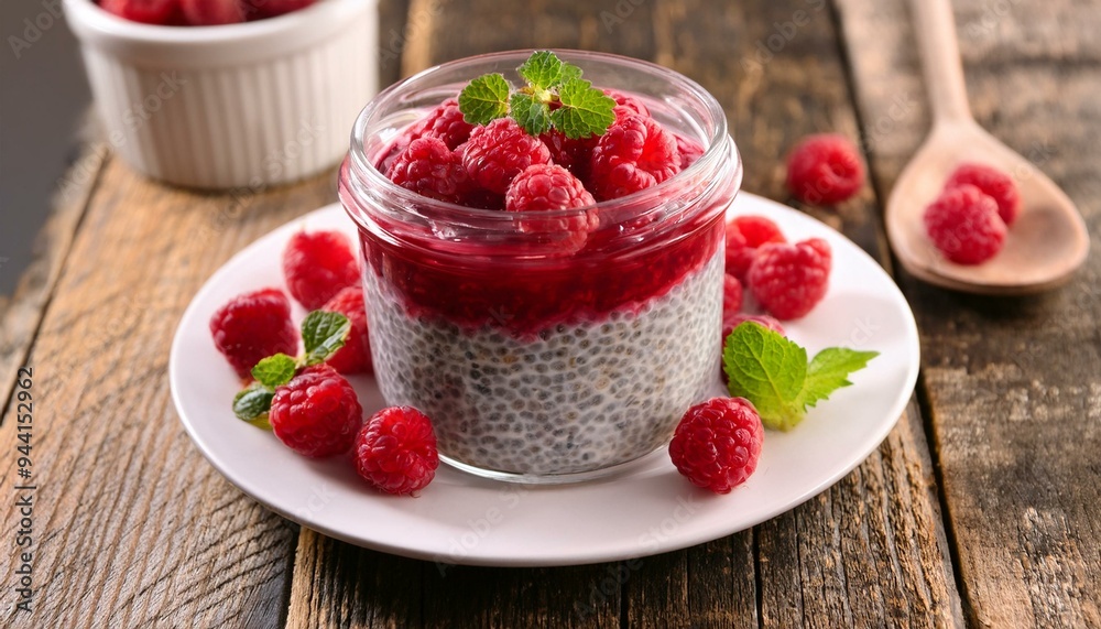 Delicious chia pudding with raspberries and mint Delicious chia pudding with raspberries and mint