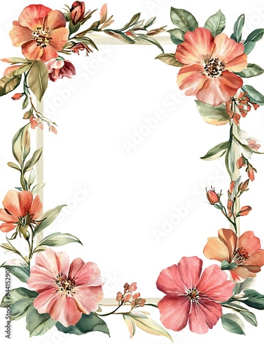 Elegant Floral Frame with Watercolor Flowers on White Background