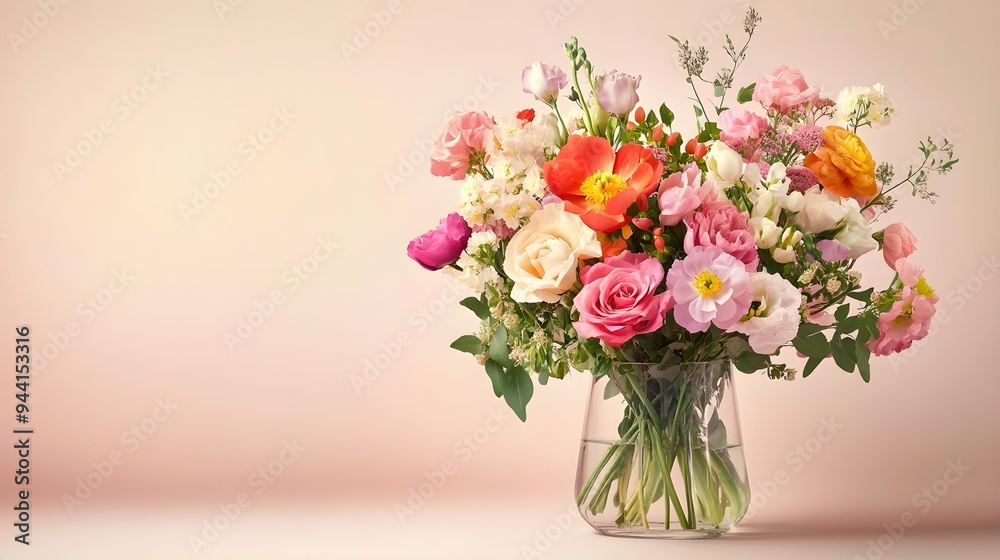 A vibrant bouquet of mixed flowers arranged in a clear glass vase, set against a light pastel color background, showcasing delicate petals and lush greenery A vibrant bouquet of mixed flowers arranged in a clear glass vase, set against a light pastel color background, showcasing delicate petals and lush greenery