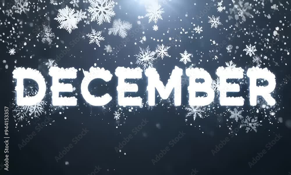 Frosty text effect spelling 'DECEMBER' surrounded by falling snowflakes on a dark background Frosty text effect spelling 'DECEMBER' surrounded by falling snowflakes on a dark background